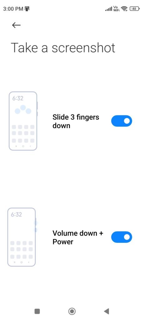 4.यहाँ आपको Slide 3 Fingers Down वाला ऑप्शन choose करना है , यानी आपको tap कर देना है , इसके बाद आप जब भी इस ट्रिक से अपने redmi smartphone में Screenshots लेंगे तो , इसे Partial Screenshot कहा जाएगा। 
