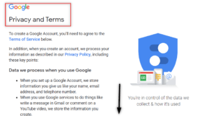 google privacy aur policy page for open gmail account 